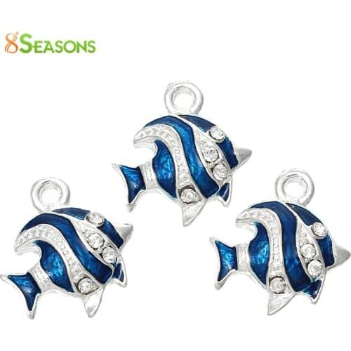 8SEASONS Charm Pendants Fish Silver color Clear Rhinestone Enamel Blue 18mm x 16mm,5 Pcs 2017 new