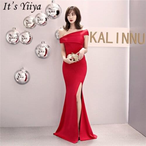 Its Yiiya Black Red evening dress one-shoulder mermaid formal party gowns zipper back Sleeveless long Trumpet Prom dresses C083