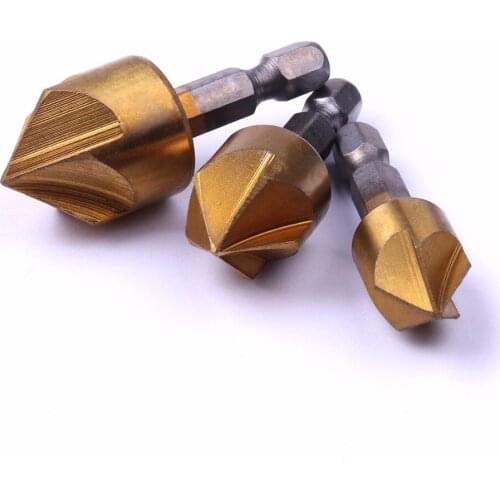 3 PCS 5 Flute Chamfer Countersink 1/4" Hex Shank Titanium HCS Wood Chamfering Cutter Chamfer 13/16/19mm Countersink Drill Bit