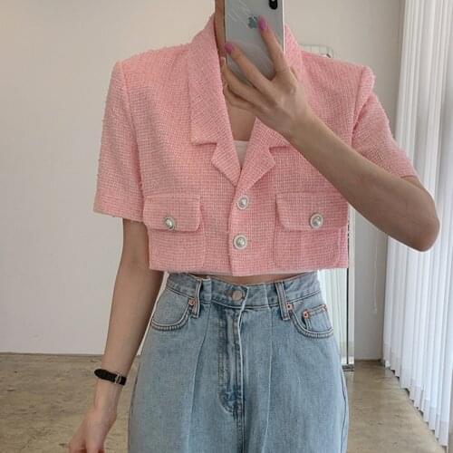 Women Jackets 2021 Summer Korean Chic Ladies Vintage Loose Suit Collar Short-Sleeved Two Buttons Pockets Design Tweed Jacket