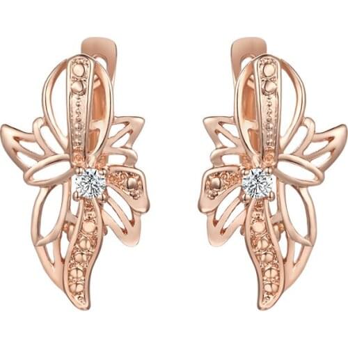 FJ One White Cubic Zircon Women 585 Rose Gold Color Flowers Drop Earrings