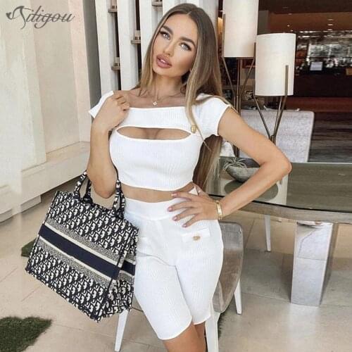 Ailigou 2021 Womens Two-Piece Set Celebrity Party Button Decoration Hollow Design Short Sleeve Road Shoulder White Bandage Set