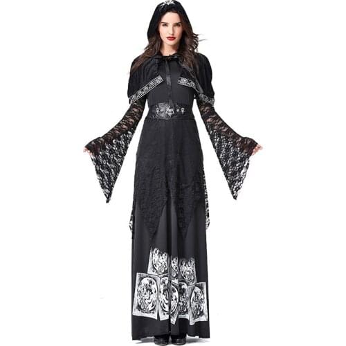 Halloween Women Witch Costume Masquerade Party Cosplay Death Dress Up Evil Wizard Black Lace Skull Long Flare sleeve Long Dress