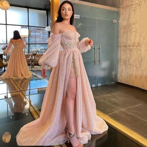 Pink Long Prom Dresses 2021 Glitter Tulle Puff Long Sleeve Evening Party Gowns Split Side Gold Lace Women Pageant Couture Abendk
