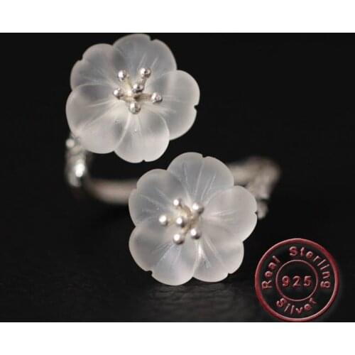 Amxiu Natural Crystal Two Flowers Rings 925 Sterling Silver Open Rings For Women Students Birthday Jewelry Big Adjustable Rings