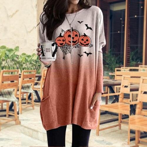 Halloween Women Dress Casual O Neck Long Sleeve Loose Mini Dresses Letter Pumpkin Candle Skull Print Pocket Ladies Dress Vestido