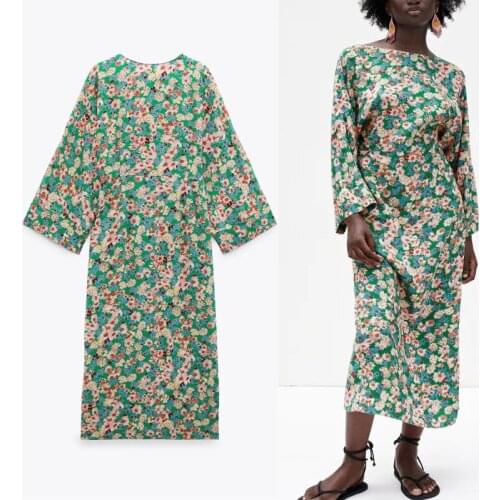 Za 2021 Summer Flowers Print Slit Midi Dress Women Long Sleeve Backless Sexy Evening Dress Female Chic Back Zip Green Dresses
