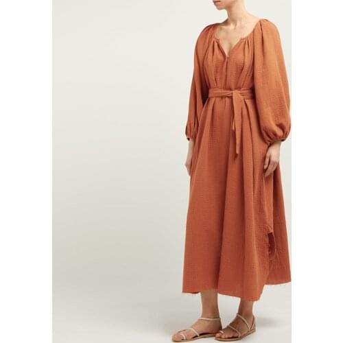 Johnature 2021 Autumn New V-neck Bandage Dresses Casual Solid Color Loose Full Sleeve Slits Women Dress