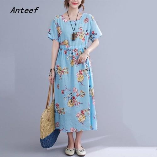 Short sleeve cotton vintage floral dresses for women casual loose long woman summer dress elegant clothes 2021