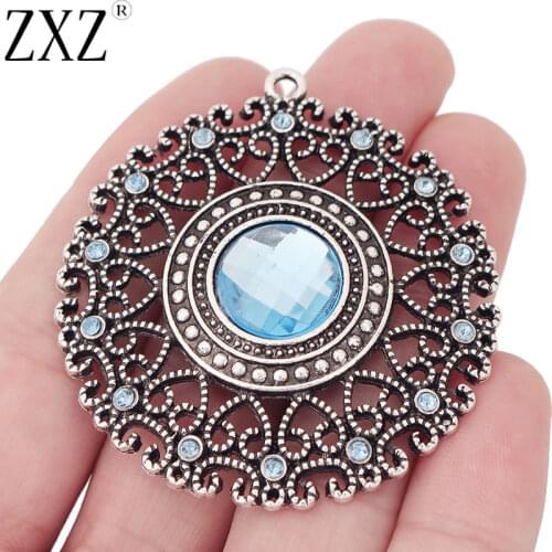 ZXZ 2pcs Tibetan Silver Large Filigree Flower Rhinestone Crystal Round Charms Pendants for Necklace Jewelry Making Accessories