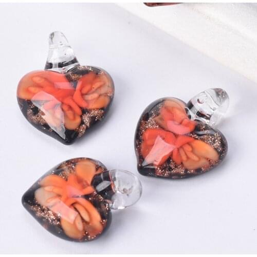 3pcs 20mm Heart Shape Orange Flower Handmade Lampwork Glass Pendants for Jewelry Necklace Making DIY Crafts Findings