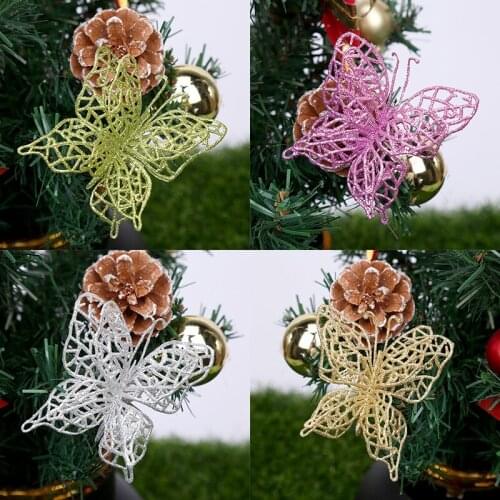 5Pcs Festival Decrotion Decoration Flowers Christmas Tree Hollow Glitter Artificial Butterfly Wedding Party