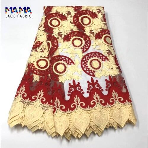 5 Yards Red And Gold Lace African Stones Punch Embroidery Mesh Lace Cotton Fabric Noble Lady With Rhinestone Guipure Sewing