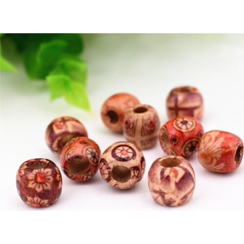 50pcs/lot 12mm Mixed Large Hole Printed Wooden Beads Making DIY Bracelet Necklace Loose Beads Jewelry Accessories