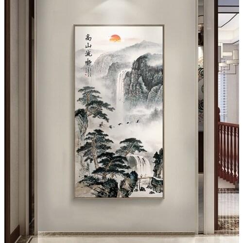 Abstract Mountain Landscape Guest-Greeting Pine Canvas Painting Chinese Wall Art Picture Poster Print for Room Home Office Decor