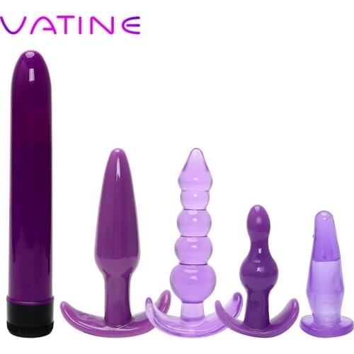 VATINE 5Pcs/Set Purple Anal Plug Vibrator Prostate Massager Erotic Sex Toys for Men Women Finger Adult Products