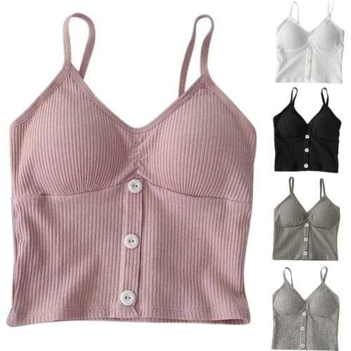 Womens Sexy V Neck Ribbed Knit Strappy Bralette Solid Color Buttons Front Camisole Bra Casual Push Up Padded Wireless Fitness Ta