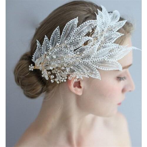 Fashion Wedding Hair Accessories Pearl Headbands Bride White Lace Crystal Tiara Floral Elegant Rhinestone Bridal Hair Jewelry