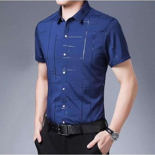 Mens Striped Lapel Short-sleeved Shirt Summer New Trend Casual Half-sleeved Printed Top