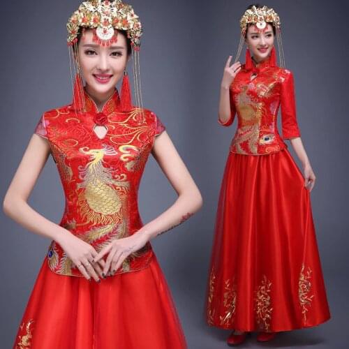 New 2018 Bride Wedding Cheongsam Dress Red Chinese Traditional Dress Lady Phoenix Evening Party Qipao Dresses 90