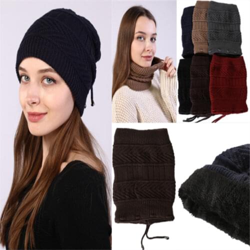 NEW Unisex Womens Mens Knit Hat Winter Plus velvet Warm Drawstring Ski Cap Scarf MZ010