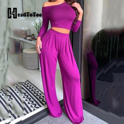 Solid Bandeau Navel Casual Brief 2 Piece Set Women Full Sleeve Skew Neck Slim Two Piece Outfits Woman