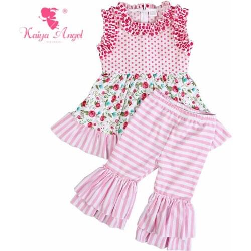 Kaiya Angel Boutique Outfits Factory Wholesale Toddler Pink Flower Spring Summer Children Clothing Girls Tracksuits Set