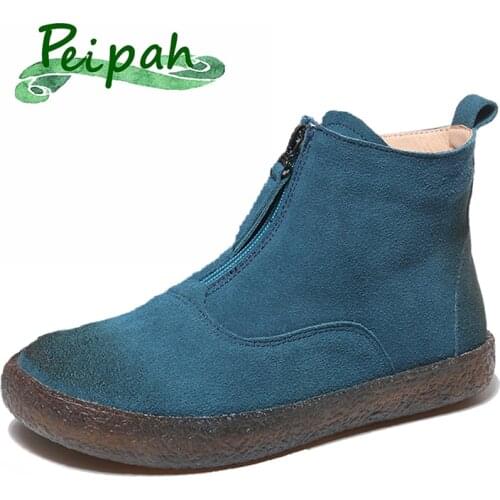 PEIPAH Chelsea Ankle Boots Female Flat With Fur Genuine Leather Shoes Woman Zip Retro Soft Boots Ladies Autumn/Winter Shoes Plus