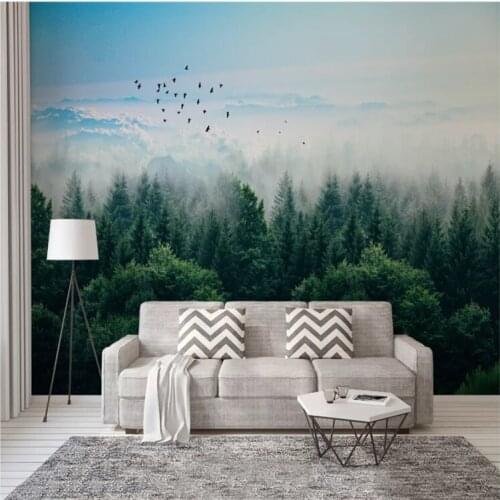 Custom wallpaper mural photo wall Nordic minimalist fog forest distant mountain bird background wall