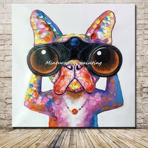 Hand Painted Modern Abstract Cartoon Animal Oil Painting On Canvas Miss Bulldog Investigator Wall Art For Living Room Home Decor