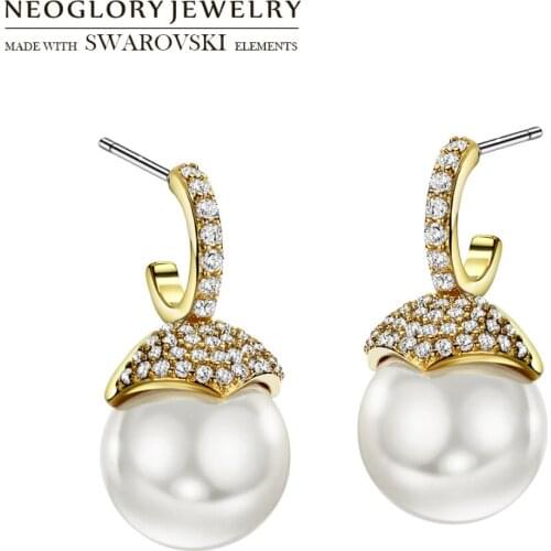 Neoglory Simulated Pearl & Zircon Hook Drop Earrings Round Beads For Lady Daily Dress Party Gold Color Brilliant Gift