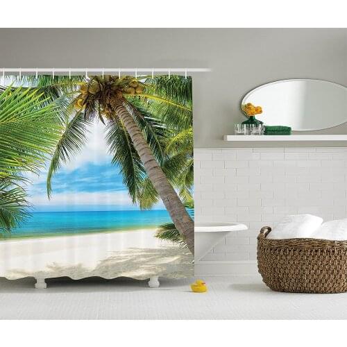 Extra Long Shower Curtain Ocean Decor by Shadow Shade of a Coconut Palm Tree on Sand View Fabric Bathroom Shower Curtain