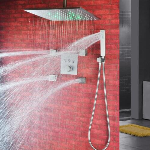 Thermostatic Bathroom Shower Faucet Set Conceal Rain Shower Mixer Press Ceil Mounted 16 Inch Bath Brushed Rain LED Shower Head