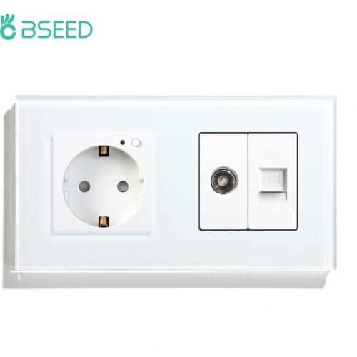 BSEED Smart Wifi EU Wall Socket With Normal TV PC Plug Crystal Glass Panel 157mm White Black Work With Smart Life Tuya