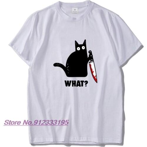 Funny Cat What T Shirt Murderous Cat With Knife Funny Halloween TShirt Crewneck Soft EU Size 100% Cotton Shirt