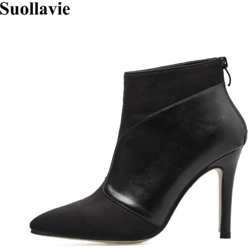 New Women Boots Ankle PU Leather Zipper Booties High Heels Winter Autumn Shoes Black Winter Boots Zapatos De Mujer Pointed Toe