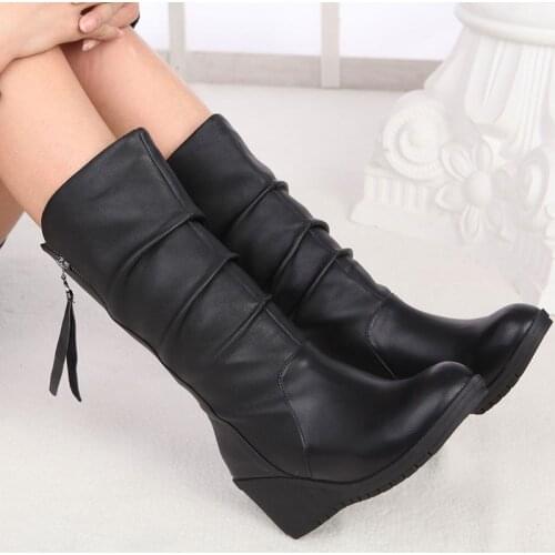 Platform Wedge Boots Women Black Winter Shoes Autumn High Boots Womens Wide Mid-Calf Boots Ladies Leather Tall Boots Plus Size42