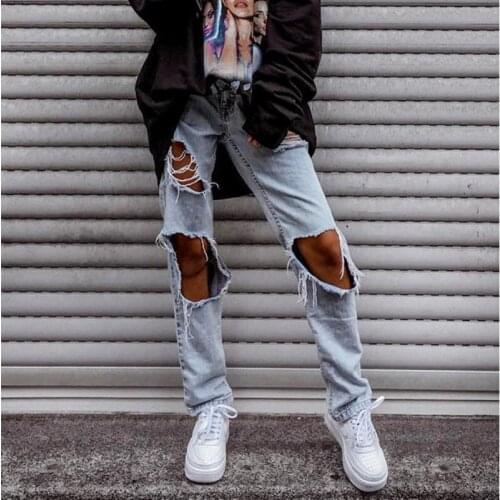 Woman Jeans Mid Waist Wide Leg Pants Female Ripped Trousers Blue Streetwear Vintage Quality Fashion Harajuku Straight Pants