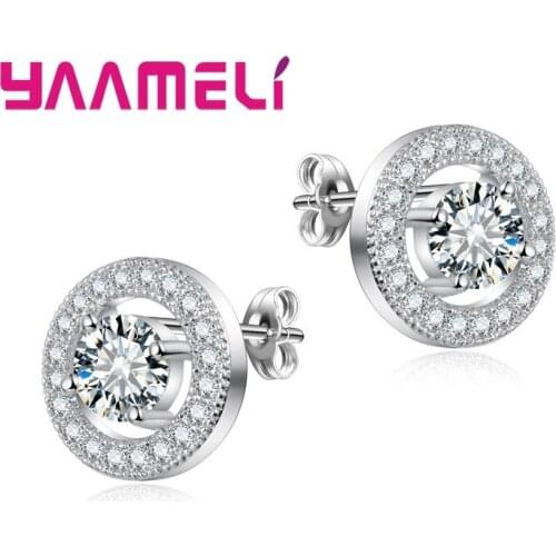 Full CZ Crystal Sparkling 925 Sterling Silver Stud Earrings Brincos for Women Wedding Engagement Bridal Jewelry