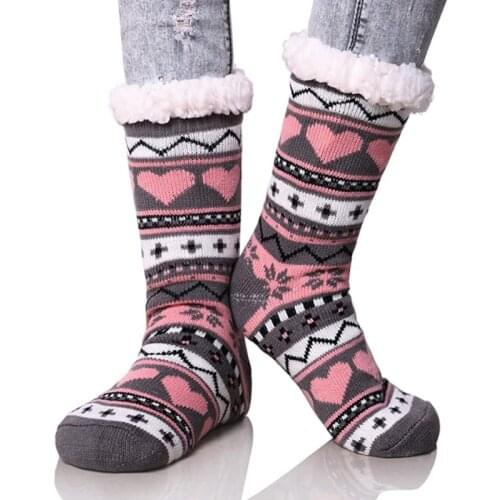 FRALOSHA Women Thick Socks Love Pattern Home Floor Socks Winter Adults Warm Fur Slides Soft Slipper Socks Fashion Christmas Gift