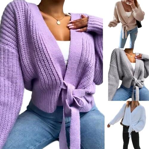 2021 Hirigin Womens Sweater V-Neck Cardigan Lace Up Tie Bandage Bow Sweater Solid Color Females Warming Coat Autumn Winter