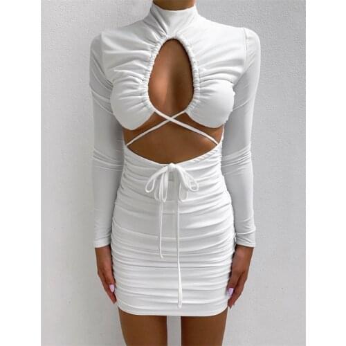 2021 Summer New Sexy Hollow Out Draw String Mini Bandage Dress Women Full Sleeve Bodycon Mini Hip Night Club Party Dress Vintage