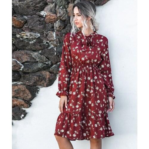2021 Autumn Women Fashion Floral Dot Print Casual Chiffon Dress Womens Retro Stand Neck Dresses Bow Midi Long Sleeve Vestidos