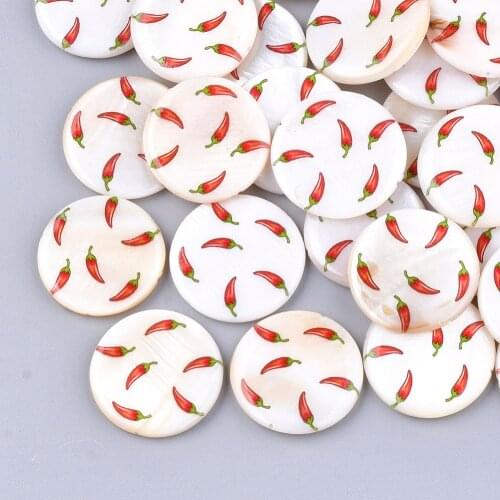 10pcs Printed Freshwater Shell Beads Flat Round with Red Chillies Pattern for jewelry making DIY Bracelet Earring Decor