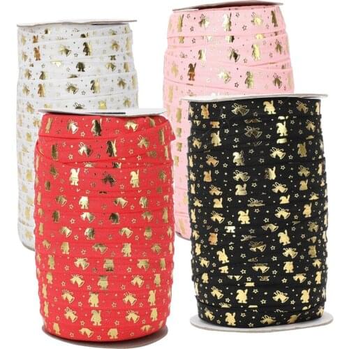100yards 5/8"16mm Gold foil Christmas bell Father Christmas printed FOE fold over elastic ribbon welcome custom printed