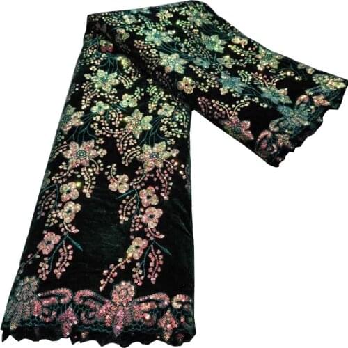 5yards/pc) High quality soft African velvet lace fabric in green with beautiful sequins embroidery for party dress FHS081
