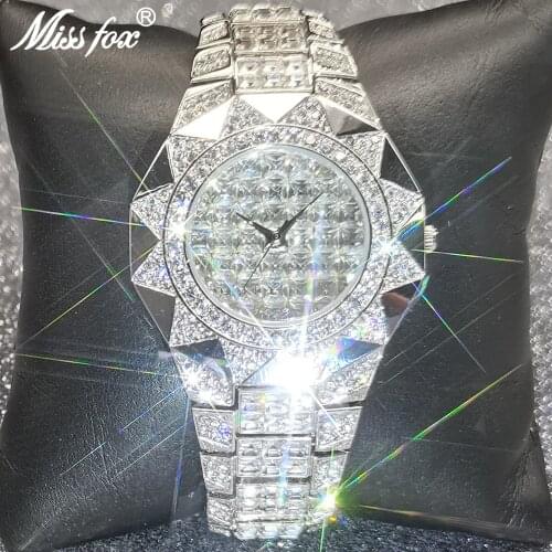 Hip Hop MISSFOX Iced Out Watches Color Baguette Diamond Mens Quartz Watch Silver Micro pave Personality Steel AAA Jewelry Clocks