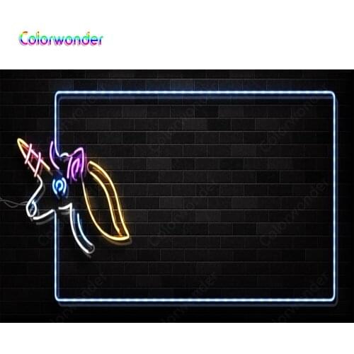 Colorwonder Neon Photography Backdrop Unicorn 7x5 Photo Background Kids Birthday Party Black Brick Wall Bar Photo Booth Backdrop