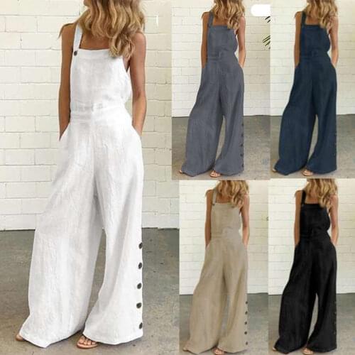 Women Summer Loose Linen Jumpsuits Solid Sleeveless Bib Overalls Siamese with Button Wide leg Pants Long Trousers Large Size 5XL