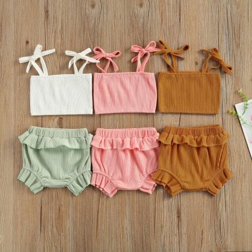 Newborn Baby Girls Sweet Clothes Sets Sling Sleeveless Tank Tops + Ruffle Short Bottom Outfits Summer